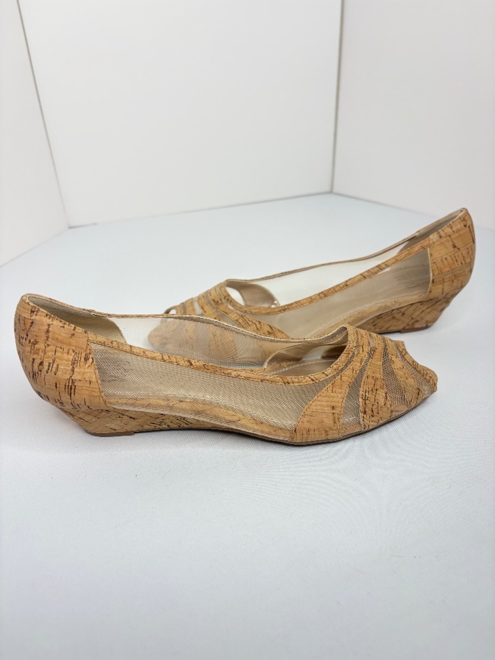 Impo Cork Mesh Peep Toe Wedge Pumps